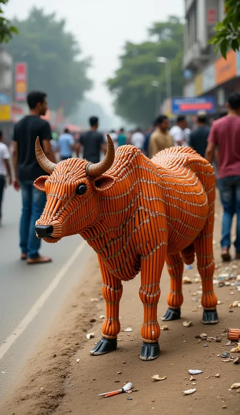 A Muslim elder made a cow out of pencile and sitting on the road, the public is appreciating it.