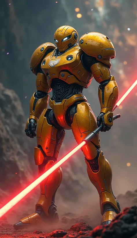  High resolution,  masterpiece, Preciso, Detail,  anatomy, robot, Robust Gundam,  gold color , silver details, large layer ,  red light spear , crossing the universe ,