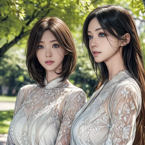 UHD, anatomically correct, textured skin, super detail, high quality, 8k、Two elegant 30-year-old wives are enjoying conversation while walking through a row of ginkgo trees、 lesbian、 in casual everyday clothes 、Horizontal shot 、 full body photo、 beautiful ...