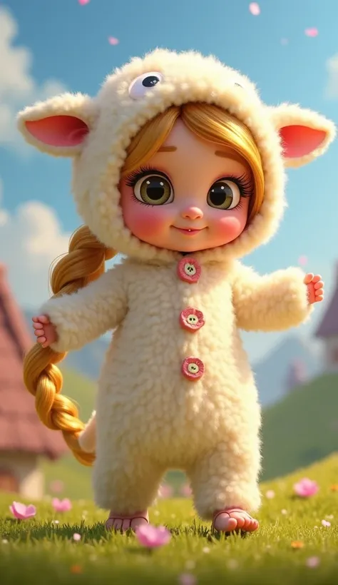  Disney Pixar style character Rapunzel baby with ponytail in her hair , That he has a sheeps jumpsuit tender full body so that he has dancing movements