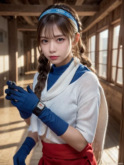  20-year-old female, Alone, Athletic ability,  brown hair with braids , I have a red bandana wrapped around my forehead,  wearing blue fingerless gloves ,  wearing blue gloves ,  high definition ,  perfect picture,  very detailed,  high contrast from the f...