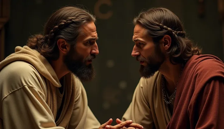  Jesus and Judas in a previous conversation : Jesus speaking to Judas in private ,  in a quiet but tense atmosphere .  Jesus has an expression of sadness and understanding,  while Judas avoids looking directly at him ,  with a face full of internal conflic...