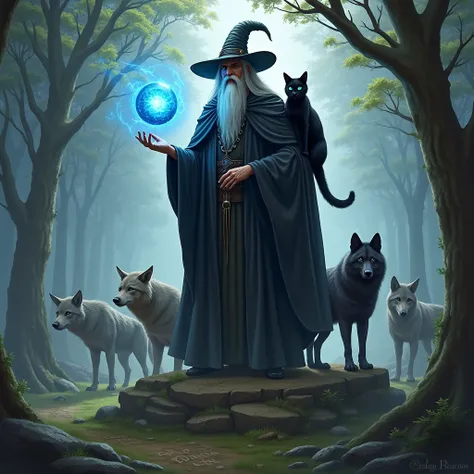  Wizard  with black long cape stands on a rune decorated stone in his left hand he holds a Magic dark blue ball and the black cat from earlier is sitting on his right shoulder (Black cat with witch hat and a blue and a green eye ) in the forest.  The fores...