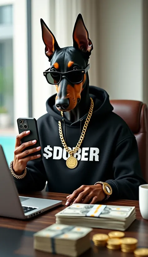 A hyperrealistic depiction of a Doberman with a human body, sitting at a modern desk in a stylish office. Big windows with views in the pool. The Doberman is wearing a black hoodie with the text "$DOBER" in bold white Lava Pro Rough font, sunglasses, and  ...