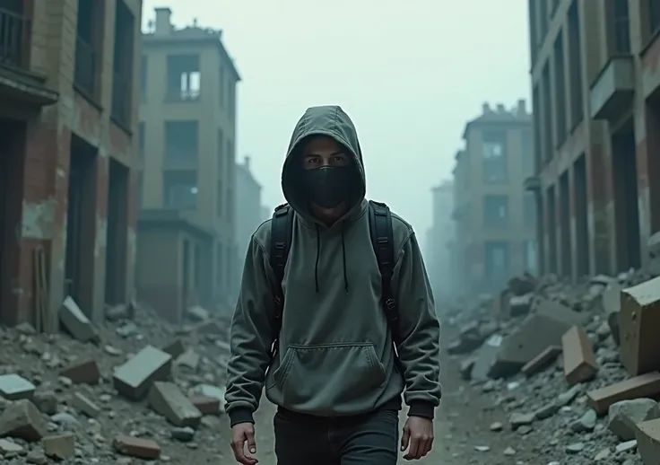  The ruined city destroyed We see a lonely young man (The protagonist) walking among the ruins .  wears a backpack, hood,  and a mask as in Alan Walkers videos,  to remain anonymous .  The camera focuses on his hands ,  touching the collapsed structures , ...