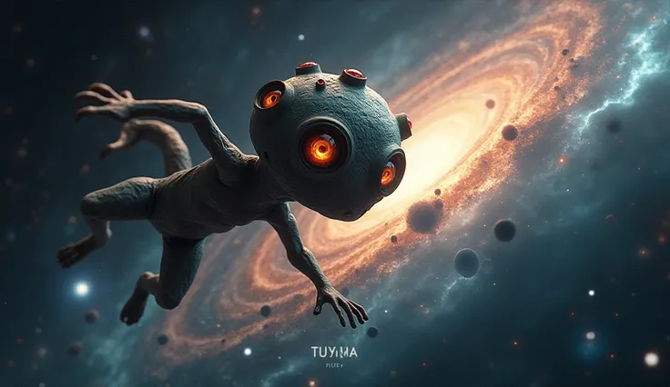 a cinematic scene of a being with multiple eyes traveling in space, 3D style