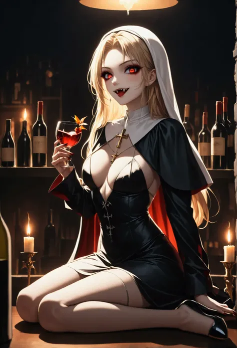 a picture of a 1beautiful vampire Catholic nun sitting in a goth bar, sipping a dark red cocktail, wearing a white catholic nun habit, full body, slightly hiding the edge of white silk stocking, (vampiric fang: 1.3), wearing high heels, smirking, silver cr...