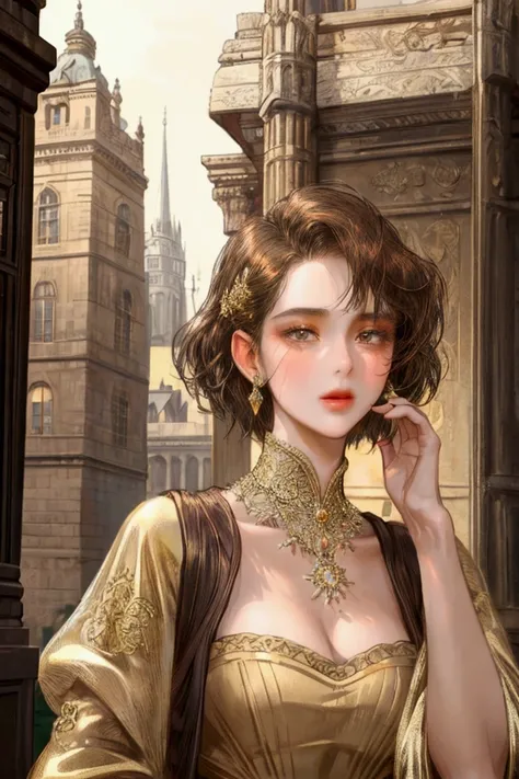 (masterpiece),( very detailed ) ,( Very detailed), ( beautiful face ), ( perfect face ),  brown short hair, Golden eyes, mature face,  sexy face, Wear a stylish European-style dress,  romance fantasy , 20s, female, Alone, Backpacker background , One person