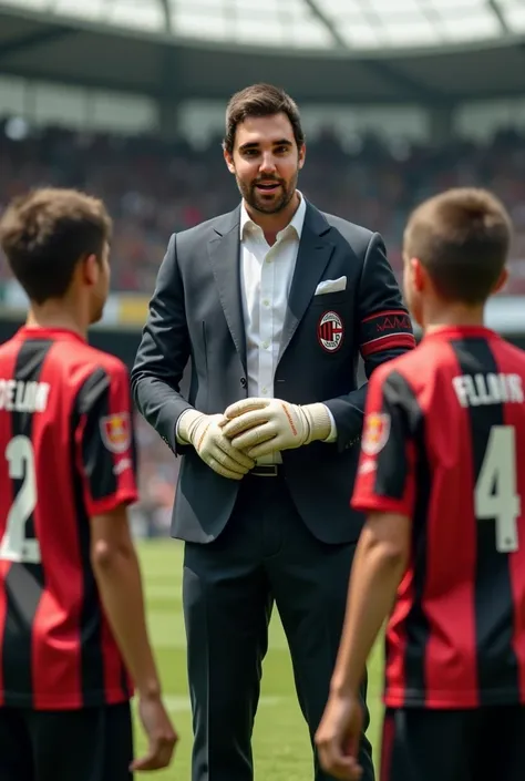 The character would be seen wearing a wedding suit and goalkeeper gloves  ,He would also wear the captains ribbon on his arm , taking care of many young ren wearing the red and black Milan shirt but with the shield of a horse