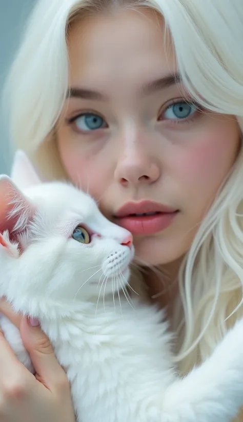 Close-up portrait of a pale-skinned  with long, white hair, gently touching a white cat.  Soft, diffused lighting emphasizes the delicate features of both subjects.   eyes, light blue, and full lips, a soft pink hue, are the centerpiece, contrasted beautif...