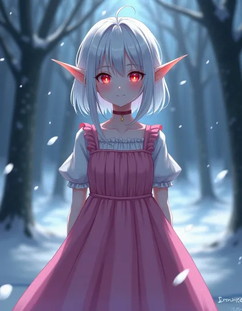 There are red eyes and elf ears in a pink anime dress, She has white hair., red eyes and elven long ears , Night, winter, the forest,  snow , she smiles,  a mysterious smile .