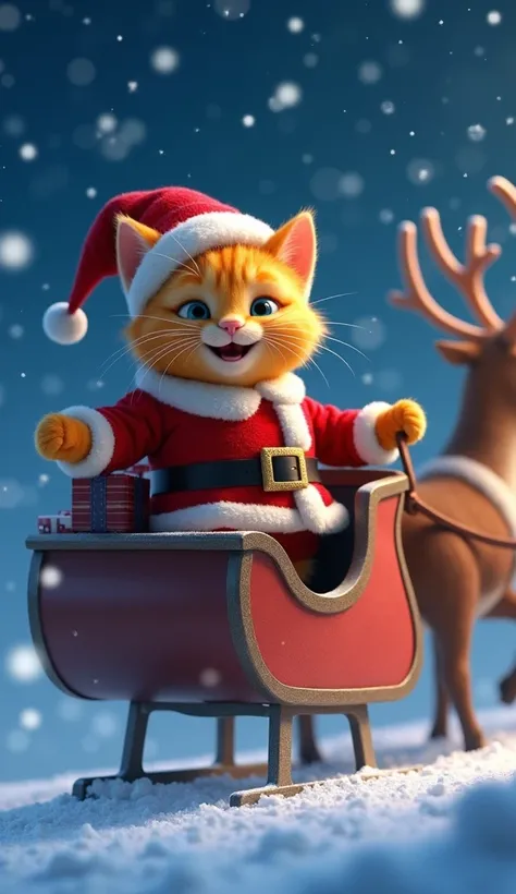 Here’s a detailed prompt for generating the image:

"Create a 3D, high-definition image in the Disney Pixar style, featuring a yellow cat dressed as Santa Claus, riding in a sleigh pulled by reindeer, flying through the night sky on Christmas Eve. Snow is ...