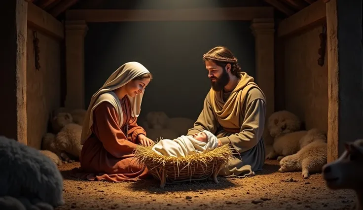 scenario:  Interior of the stable in Bethlehem .

 Mary and Joseph :

location: next to the manger ,  looking with love at baby Jesus .

Appearance:  Dressed in simple shepherds clothing .

Baby Jesus :

location:  Lying in the manger ,  wrapped in simple ...