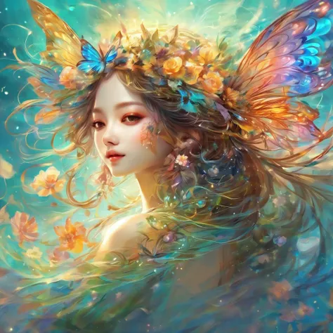 (  Masterpiece  ,  top quality:1.2), windの精霊, 1 girl:: perfect face,dance, butterfly 々,flower,wind,effect, familiar ,magic effect,light,light,  artist ic,  artist , Color Art, Use of magic,Gorgeous,fantasy,beautiful,  Masterpiece  ,  Masterpiece  ,Sparklin...