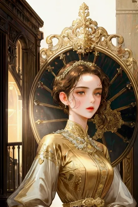 (masterpiece),( very detailed ) ,( Very detailed), ( beautiful face ), ( perfect face ),  brown short hair, Golden eyes, mature face,  sexy face, Wearing a European-style naive aristocrat dress,  romance fantasy , 20s, female, Alone, Backpacker background ...