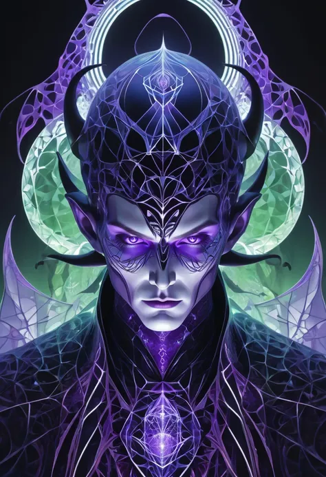  Symmetrical portrait of a stunningly handsome man ,  Necromancer outfit ,  facial features dissolve into subtle cursed magic ,  glowing purple lines .  The Voronoi weight method and laser caustics create a network , transitioning from  hyperrealistic deta...