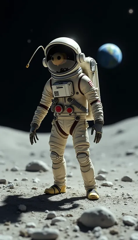 Humanoid ant wearing helmetless astronaut costume on the moon