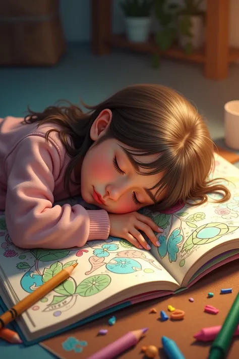 A young girl slept on the coloring book 