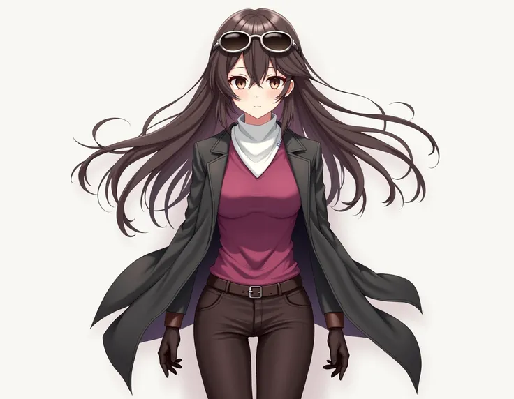 anime girl with,white neck cover,dark gray shoes,magenta shirt,long dark brown hair with long sideburs,black long jacket,brown gloves,dark brown pants,brown eyes,aviator glasses on her FORHEAD