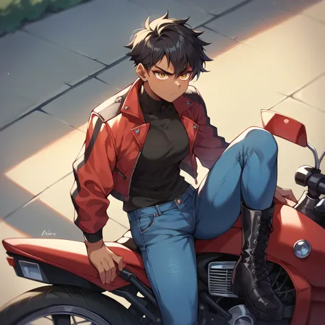 a tomboy with dark skin and golden eyes and black hair. they are wearing a red motorcycle jacket and blue jeans and black boots. they are on a street, leaning on their black motorcycle. They look a little annoyed with you. close-up.