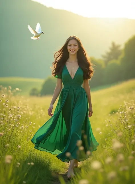 A realistic photo of A woman wearing green dress walking forward showing smiling face in a green valley with sun shining and flying white dove