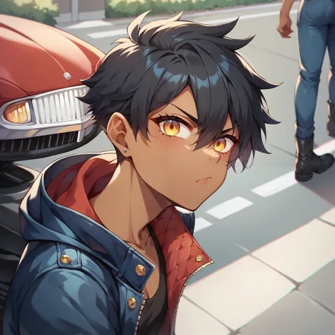 a tomboy with dark skin and golden eyes and black hair. they are wearing a red motorcycle jacket and blue jeans and black boots. they are on a street, leaning on their black motorcycle. They look a little annoyed with you. close-up.