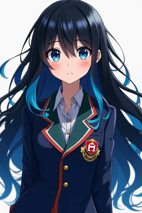 Una chica hermosa, con cabeloo negro, con puntas azules, con felquillo, los ojos de color azul, con el uniforme de la UA de MY HERO ACADEMIA