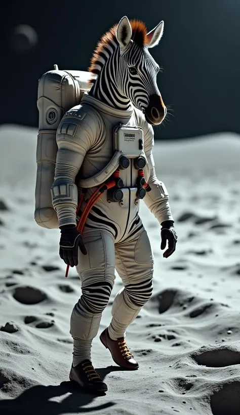 Humanoid Zebra wearing helmetless astronaut costume on the Moon