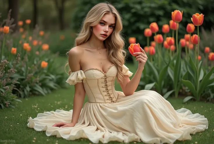  An attractive woman with long wavy light blond hair and light brown eyes.  Quiet sitting on the grass of a garden . Grabbing a tulip .  She wears a long cream-colored dress , with tight ivory corset and layered ruffle skirt,  in romantic and vintage style...