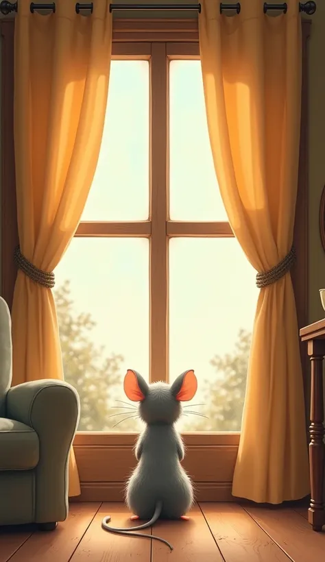  A mouse sitting in front of a window, In a houses room.