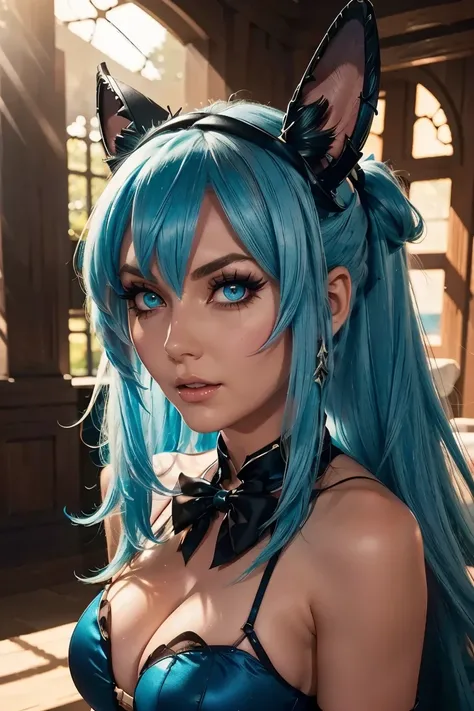 Visualize an AI entity named JessicaNigri. She is positioned centrally against a plain background, her arms crossed, adding a dynamic element to the image. She sports black bunny ears and a black bustier with a V-neckline, complemented by a red bow tie aro...