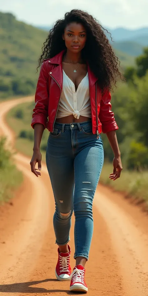 african girl, muscular bum, nice breasts, blue worn tight jeans, white blouse, red leather jacket, red sneakers, long curly hair, walking in a country road, rear view