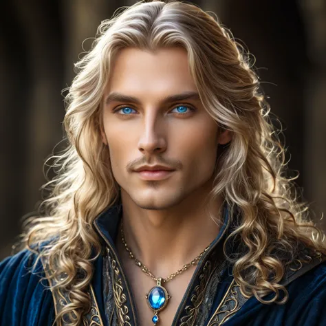 close-up, fantasy art, beautiful male model 45 years, with a magic pendant, medieval style of clothing, medieval stylish casual look, highly detailed, award-winning masterpiece: beautiful male-magic, fantasy world, charming clear eyes, long blond hair, flo...