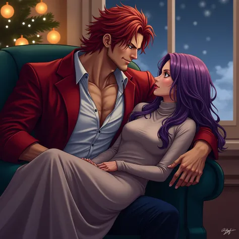 red short hair man that looks like Shanks from one piece and woman with purple long hair, he is sitted on a armchair and shes sitted on his lap, he is a bit fit and wears a white shirt and red jacket, she wear a turtleneck dress, they are inside home and i...