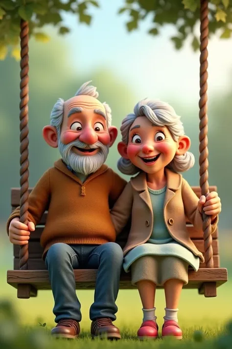 An old man and an old woman sitting on a swing together, laughing non-stop. 3D rendering of a senior artist