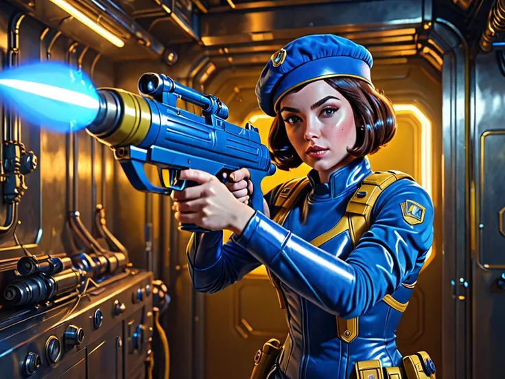 A commando in a blue velvet jumpsuit and yellow body armor with a blue beret holds a raygun. Her hair is cut in a bob and is a rich brown color, and she has complex hazel eyes. Her expression is enraged, and she fires a blue beam with arcing electricity fr...