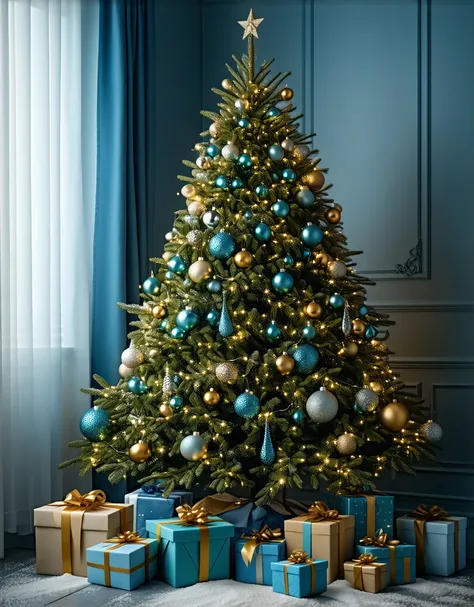 image of a beautiful Christmas tree with beautiful lights and gifts at its foot