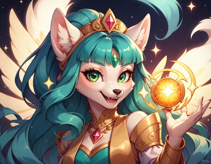 Ultra-Detailed Fantasy Anime Anthro Art Showcases a Stunning, Ultra-Cute White Fox Goddess with Vibrant, Emerald-Green Eyes. She is Adorned in a Festive Red Poncho, Featuring Intricate Black and Green Details, Accentuating Her Cheerful and Joyful Demeanor....