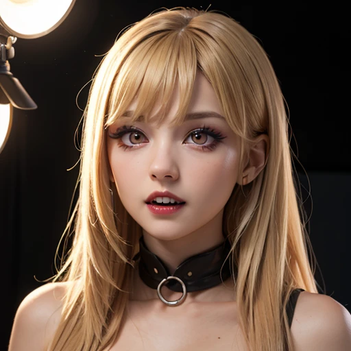 cute blonde girl, red eyes, dark makeup, Fangs,    12k detailed perfect background studio lighting and a bold interior 