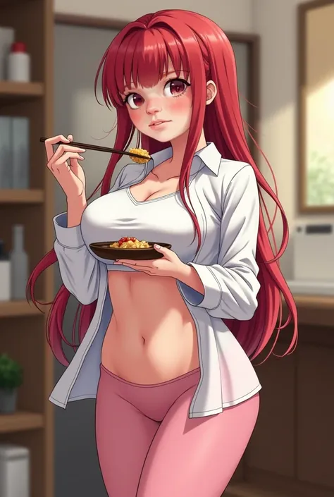 Girl in only a white shirt and pink panties with a huge ass with red hair eating Japanese food