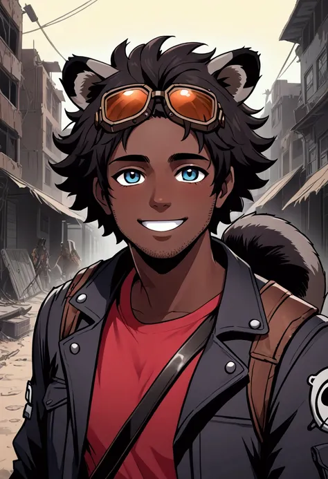 (8k, 4k, intricate),(halfbody-shot:1), (highly detailed:1.2),(detailed background:1.2),((dark skin, handsome face,handsome male, smiling)), ((raccoon ears, tanuki tail))((post-apocalyptic aesthetic, post-apocalyptic clothing, walking dead aesthetic))) (Bes...