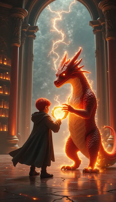 
a red-haired boy and a reddish dragon inside a room casting spells in realistic 4k cinema