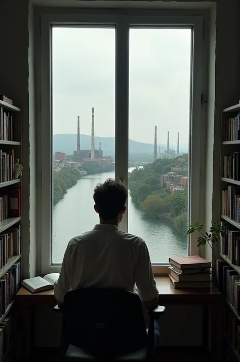 you can now picture how a man looks at the window from a room with books and a desk and from the window you can see a factory next to its river and how the factory uses fossil fuel that pollutes the river but the river is not big but is located somewhere i...