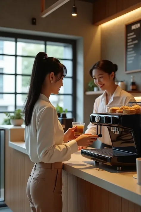 A fashionable Korean woman with a sleek ponytail ordering a drink at the counter of a chic, modern café, minimalist yet cozy interior design with wood and concrete elements, soft warm lighting creating a relaxed atmosphere, a friendly barista standing behi...