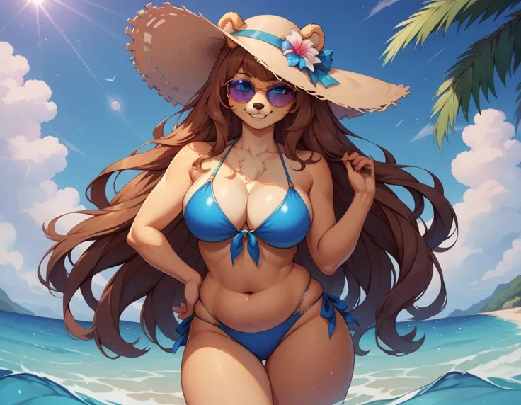 masterpiece, anime furry style, a beautiful anthro white bear goddess, chubby, sexy and voluptuous, long hair, sunglasses, beach hat, wearing a sexy blue swimsuit, posing for a sensual photo, blue eyes, looking at the viewer, smile, very long hair, bikini,...