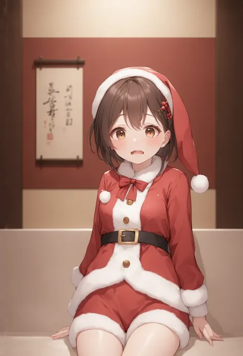  a young Japanese girl in a uniform in a ponytail 、 in a traditional Japanese bathroom setting、 realistic skin、sweat、 has a confused expression 。 She wears adorable cute innocent pink Santa Claus clothes and has the cutest realistic smile 、 has spread her ...