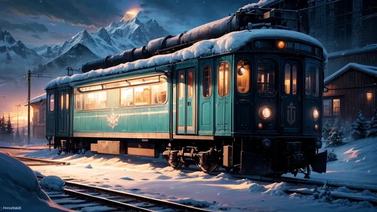 Futuristic train, moving from left to right, decorated for Christmas. Side view, close-up. On the side of the train is the inscription "LOGISTIC GROUP". The background is snow-capped mountains, heavy snowfall, evening.
Thomas Kinkade style. The image is ho...