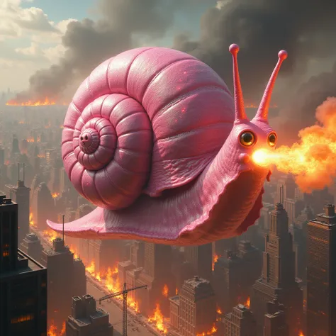 flying, sparkling,  Pink monster snail with googly eyes spews fire on burning city