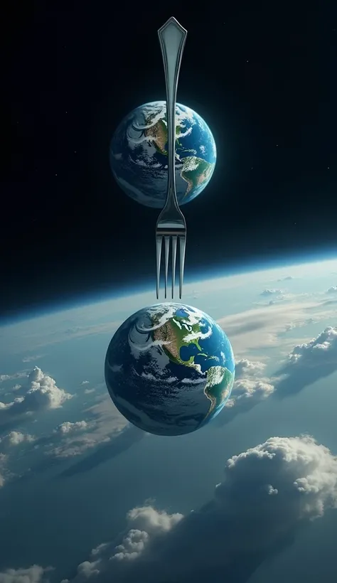 Fork stuck above the floating planet Earth