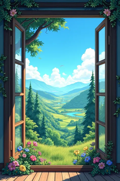 Window where you can see the landscape with lots of nature,  manga version 